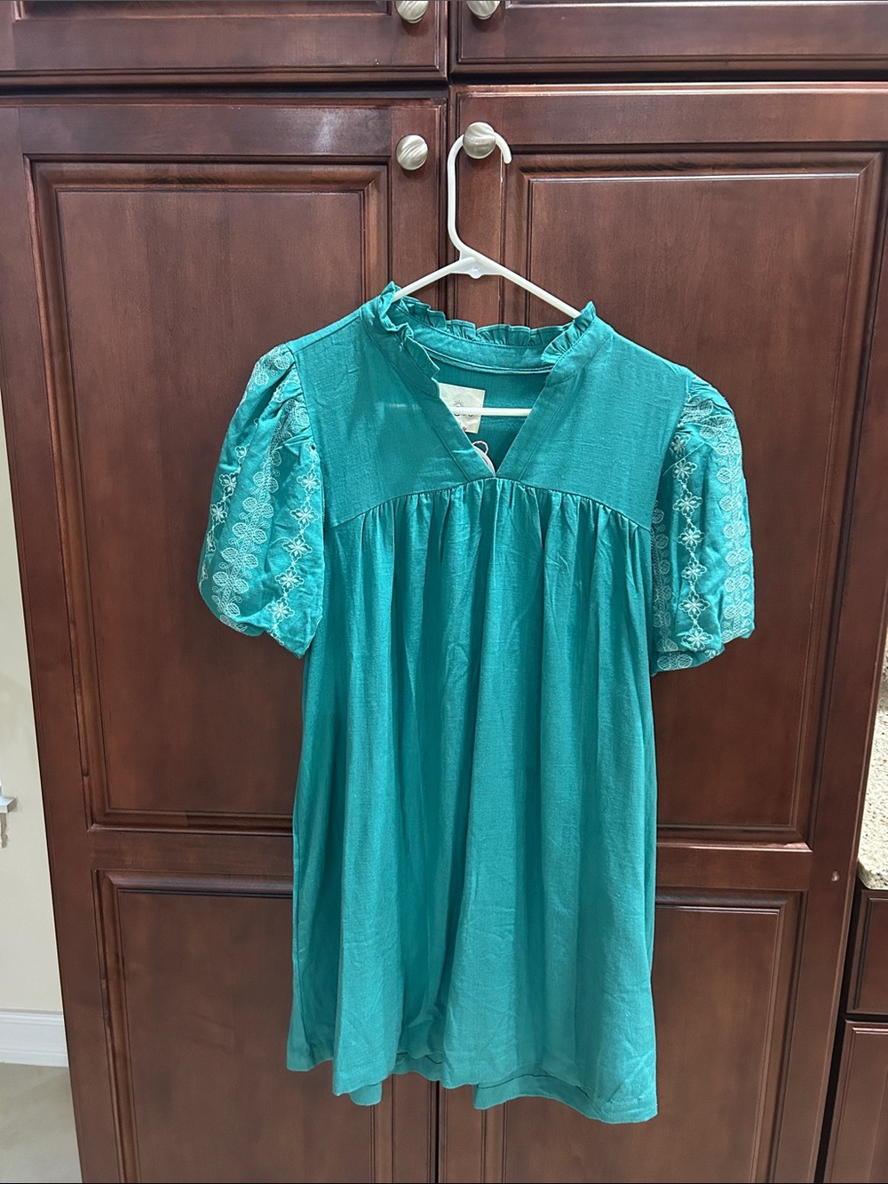 Umgee Linen Teal Embroidered Puff-Sleeve Dress